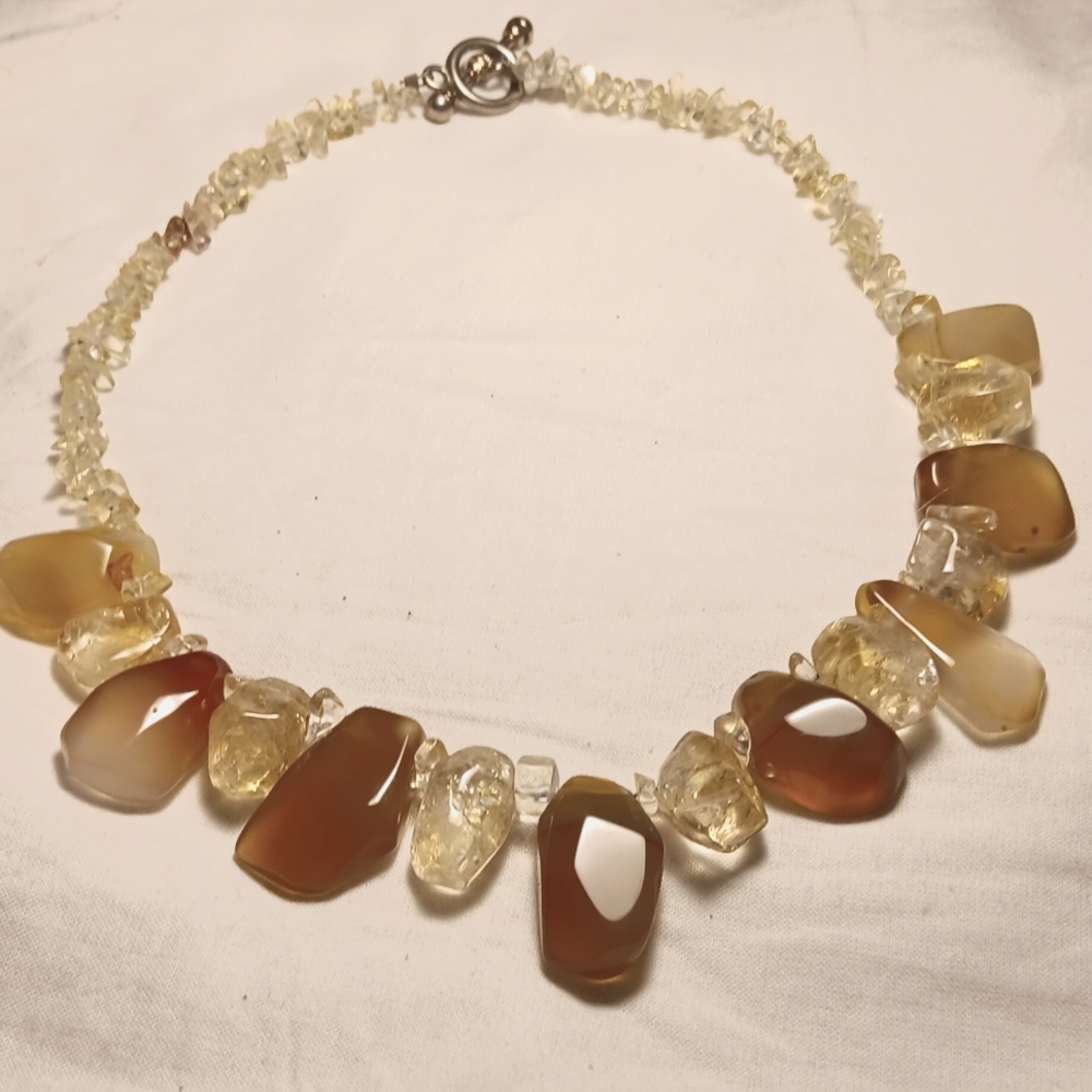 $ (3/$40) NWOT GEMSTONE NECKLACE 8 AMBER 7 QUARTZ STONE POLISHED .925 CLASP 16"